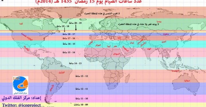 خريطة ساعات الصوم 14 باليمن وجنوب السعودية 15 بالخليج و 16 في بلاد الشام